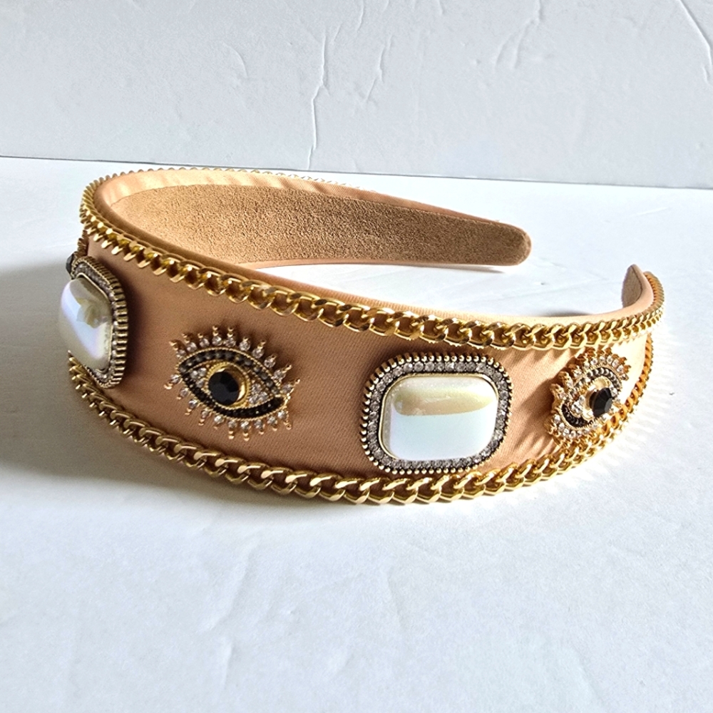 Embellished Tan Headband with Pearl And Gold Accents - Picture 1 of 7